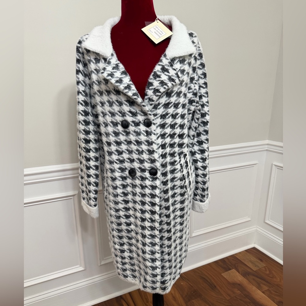 Black and White Houndstooth Double-Breasted Coat‎ Cardigan New